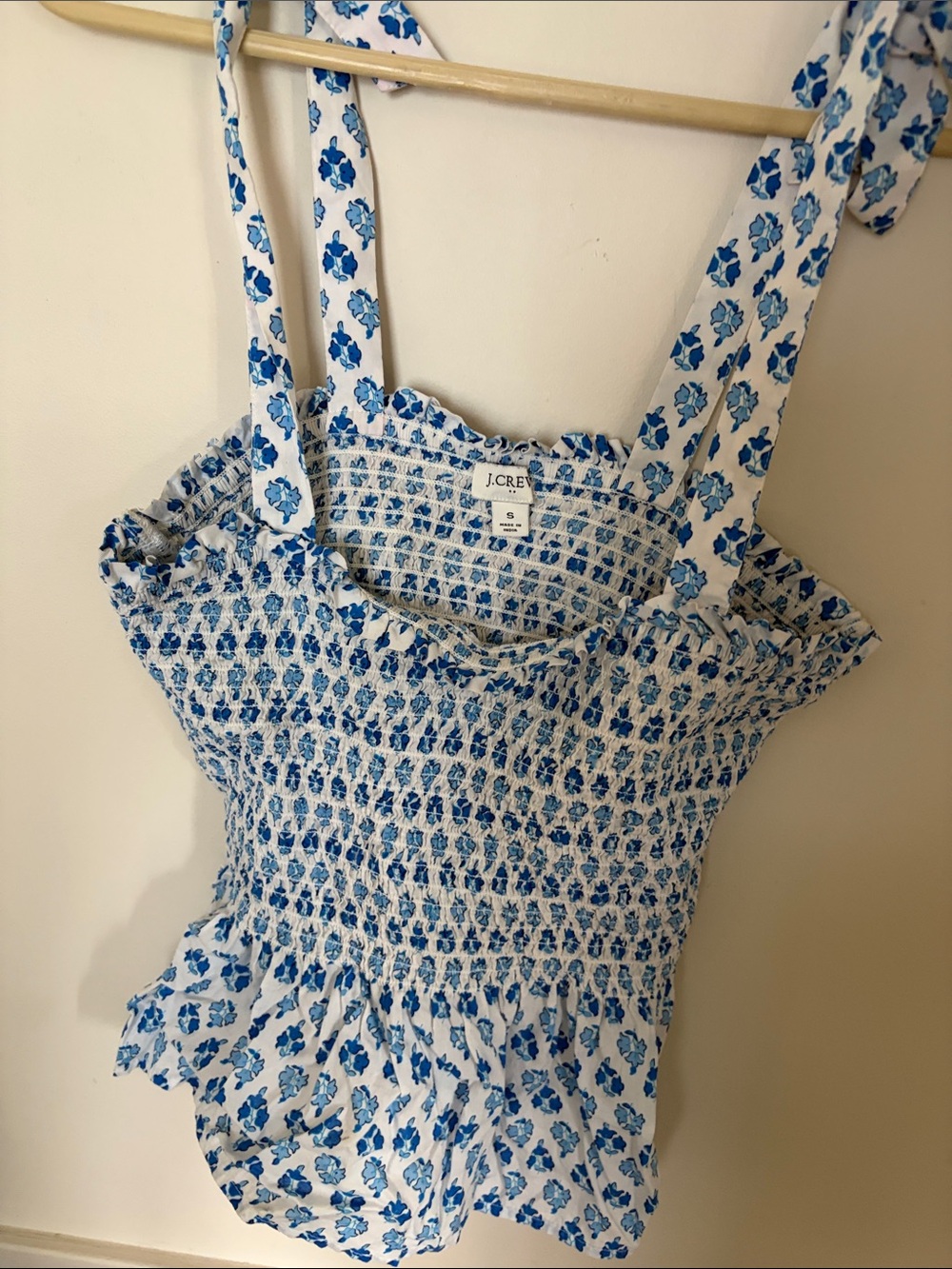J. Crew White and Blue Floral Smocked Camisole